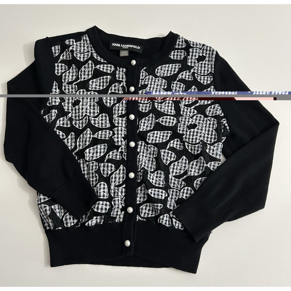 Karl Lagerfeld Paris XS Black Ivory Lace Cardigan Pearl Snap Knit Sweater